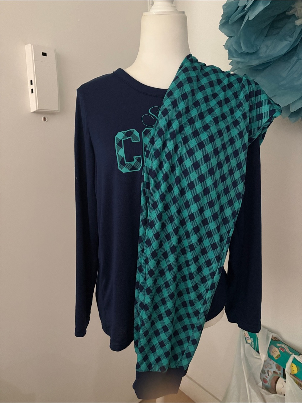 Sleep chic woman’s  Long-Sleeve Navy Top with Teal Plaid Pajama Set